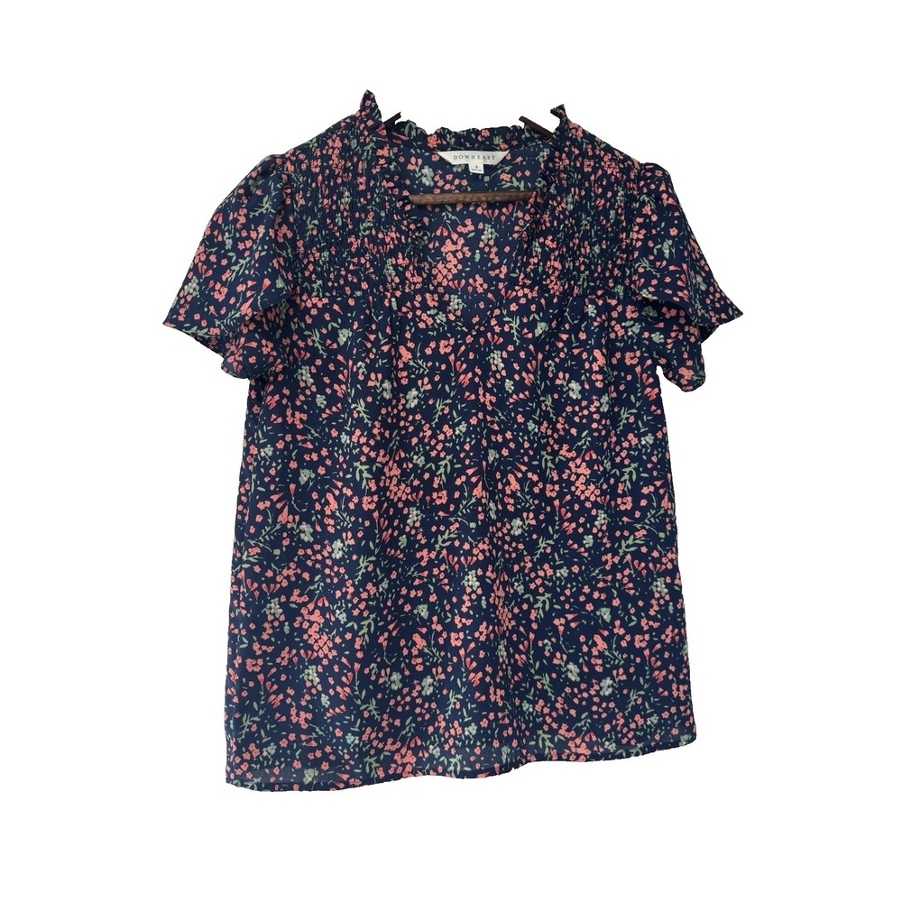 Downeast S Navy Blue Floral Pattern Ruffle neck Cottage Fairy‎ Spring Blouse